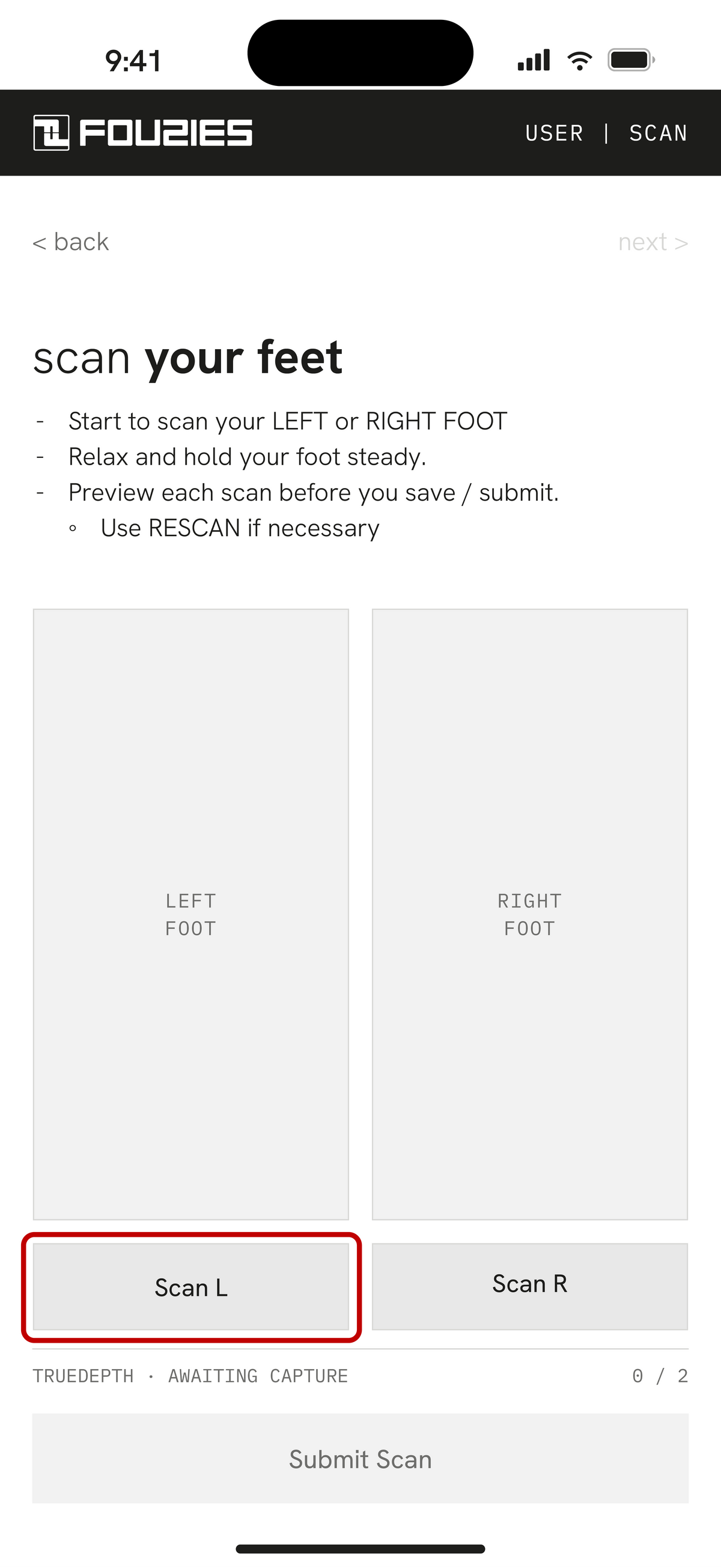 Start scan screen