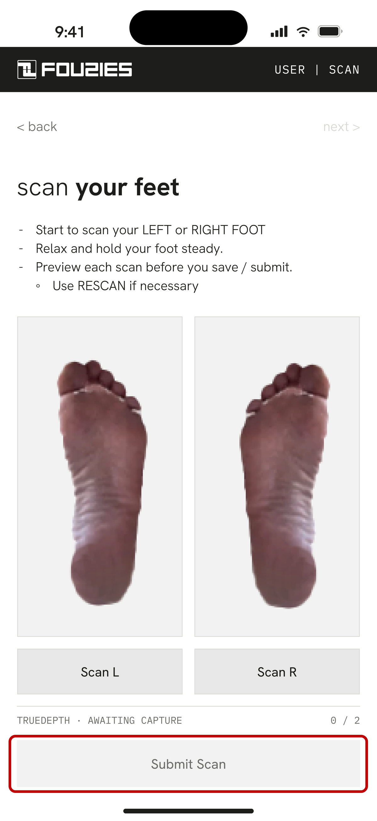 Submit scan screen
