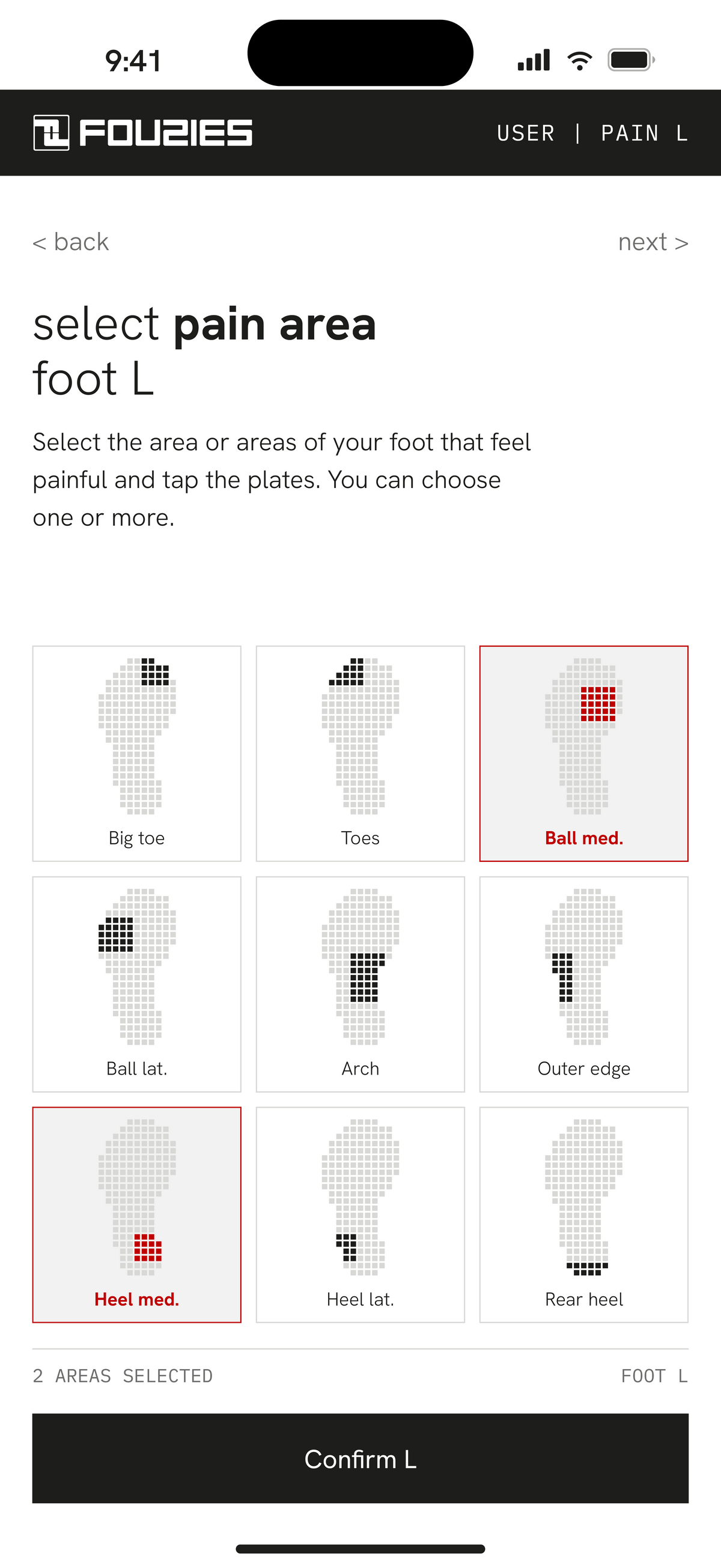 Pain areas, left foot